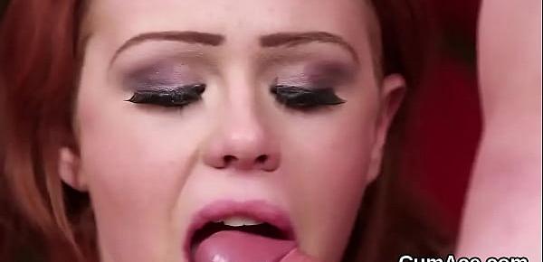  Sexy looker gets cumshot on her face swallowing all the jizz